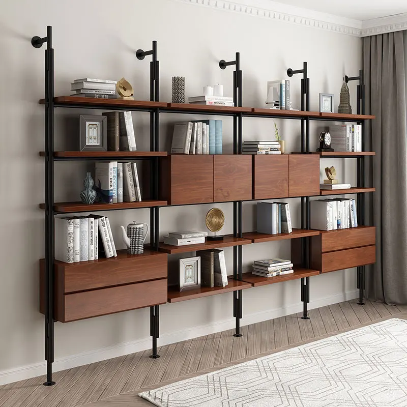 Bookshelf wall solid wood living room bookcase wrought iron shelf floor Italian Internet celebrity multi-layer storage rack