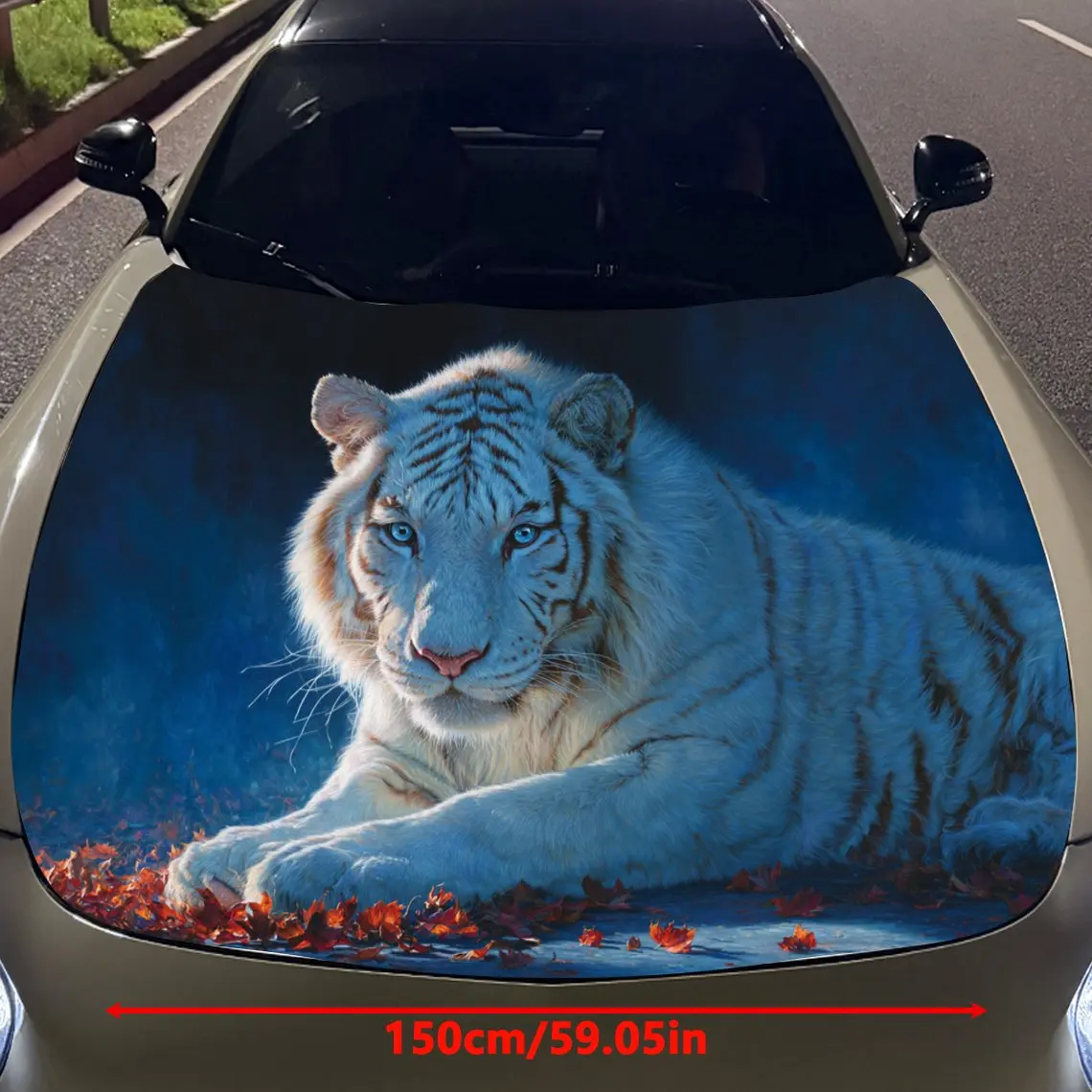 Car Decals A White Tiger With A Gentle And Noble Aura In A Blue - Themed Backdrop Car Hood Sticker, Waterproof Self - Adhesive V