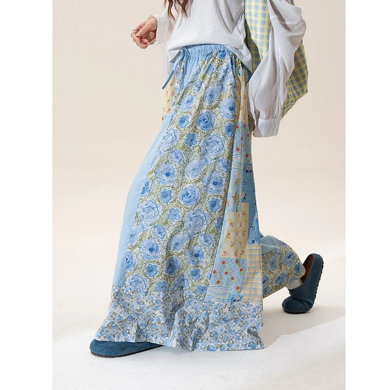 2026 New Arrival Spring/summer Women Ankle-length Pants Casual Loose Cotton Elastic Waist Flower Patchwork Skirt Pants T181