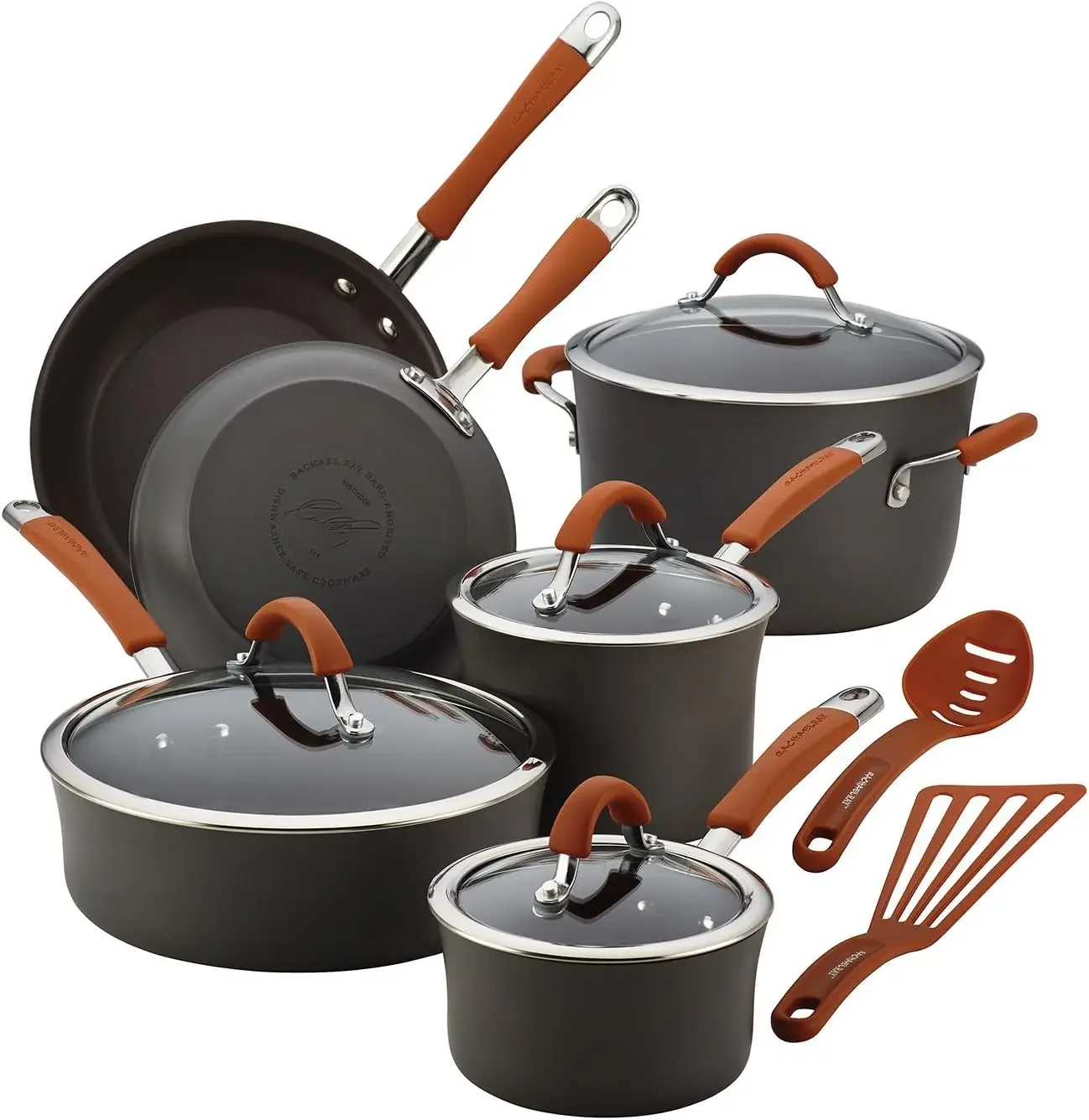 Ray Cucina Dishwasher Safe Hard Anodized Nonstick Cookware Pots and Pans Set, 12 Piece, Gray with Orange Handles