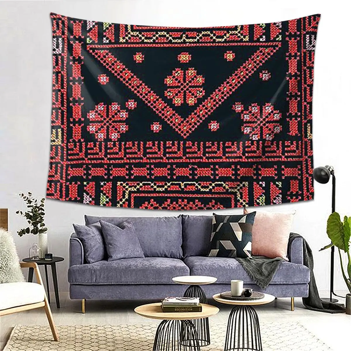 

Three Flowers Palestinian Embroidery Tapestry Decor Art Aesthetic Tapestries for Living Room Bedroom Wall Cloth Wall Hanging