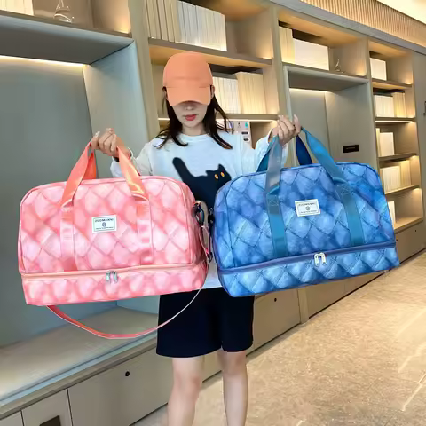 Fashion Denim Grid Shaped Travel Bag, Large Capacity, with Independent Shoe Compartment, Storage Handbag, Fitness Yoga Bag, Etc