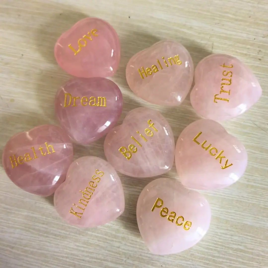 Random1pcs Rose Quartz Heart Inspirational Stone Engraved Love Natural Pink Crystal Valentine\'s Day Gifts