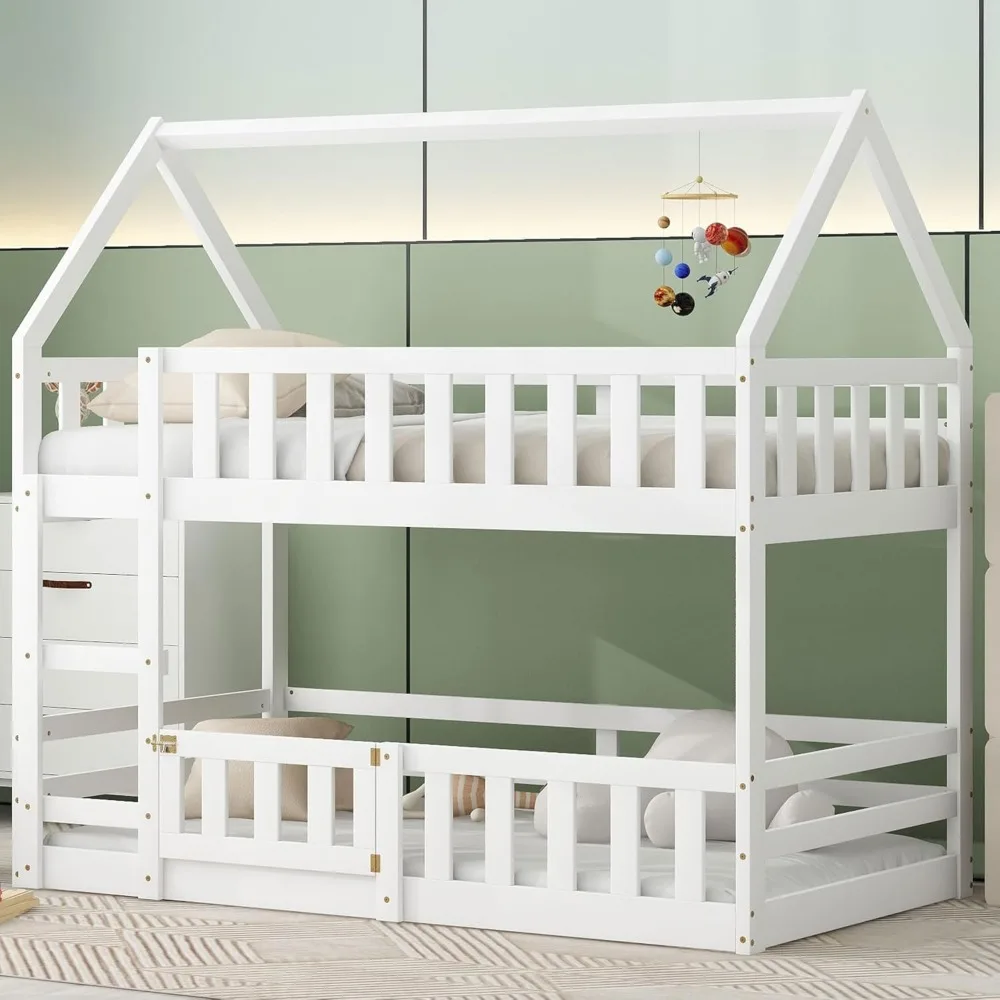 

SOFTSEA Twin Over Twin House Bunk Bed for Kids, Floor Low Bunk Bed with Fence and Door, Wood Bunk Bed Frame with Guardrails and