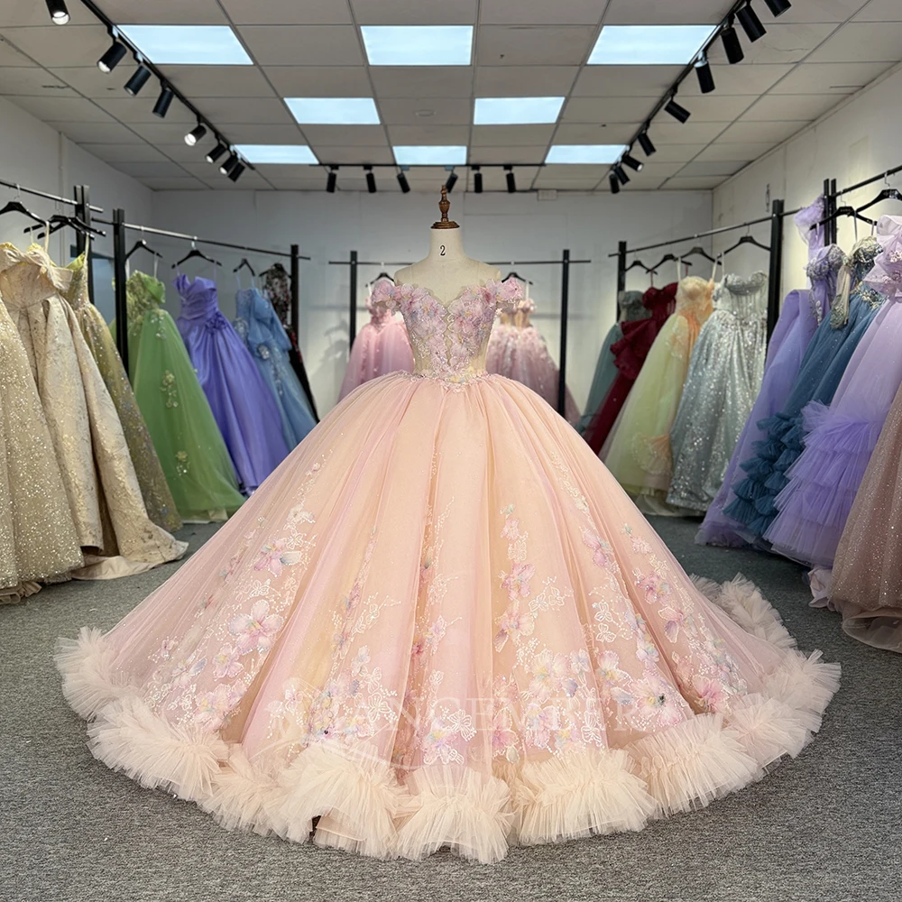 

Розовое платье Quinceanera с открытыми плечами, бальное платье с 3D цветком и бисером, платье на день рождения 2025 года, милое платье принцессы с аппликацией по индивидуальному заказу