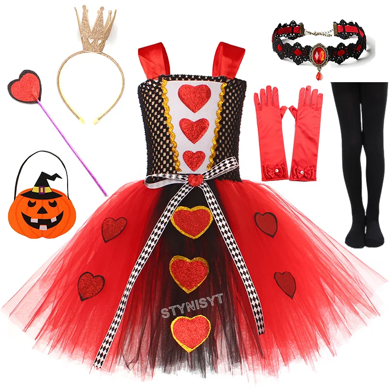 

2025 Girls Queen of Hearts Costume Fancy Tutu Dress Crown Classic Wonderland Red Queen Gown Clothes Kids Halloween Dress up