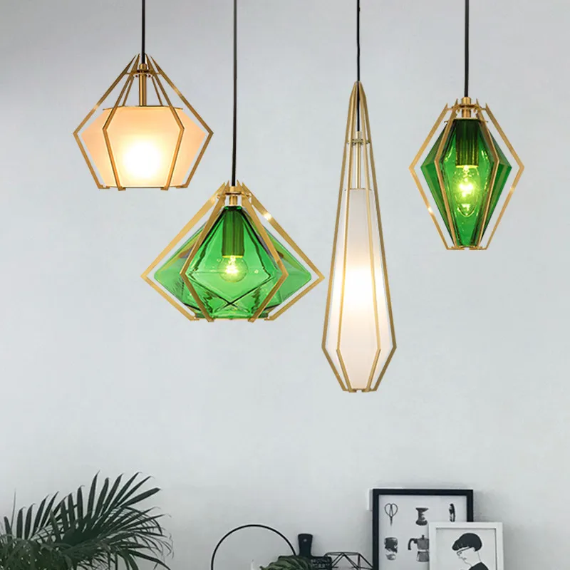 

Diamond glass geometric pendant lights dinning room White green glass modern pendant lamp led scandinavian Suspension lamp