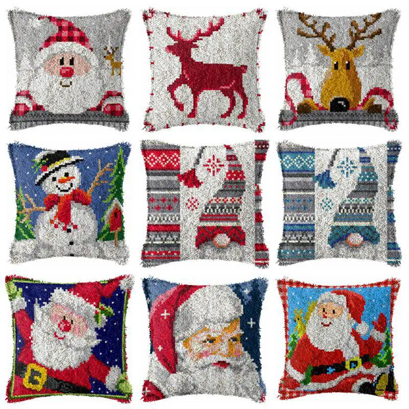 Snowman Elk Christmas Latch Hook Kits Smyrna Pillowcase Knot Pillow Package Latch Hook Kit For Needlework Embroidery Cushion