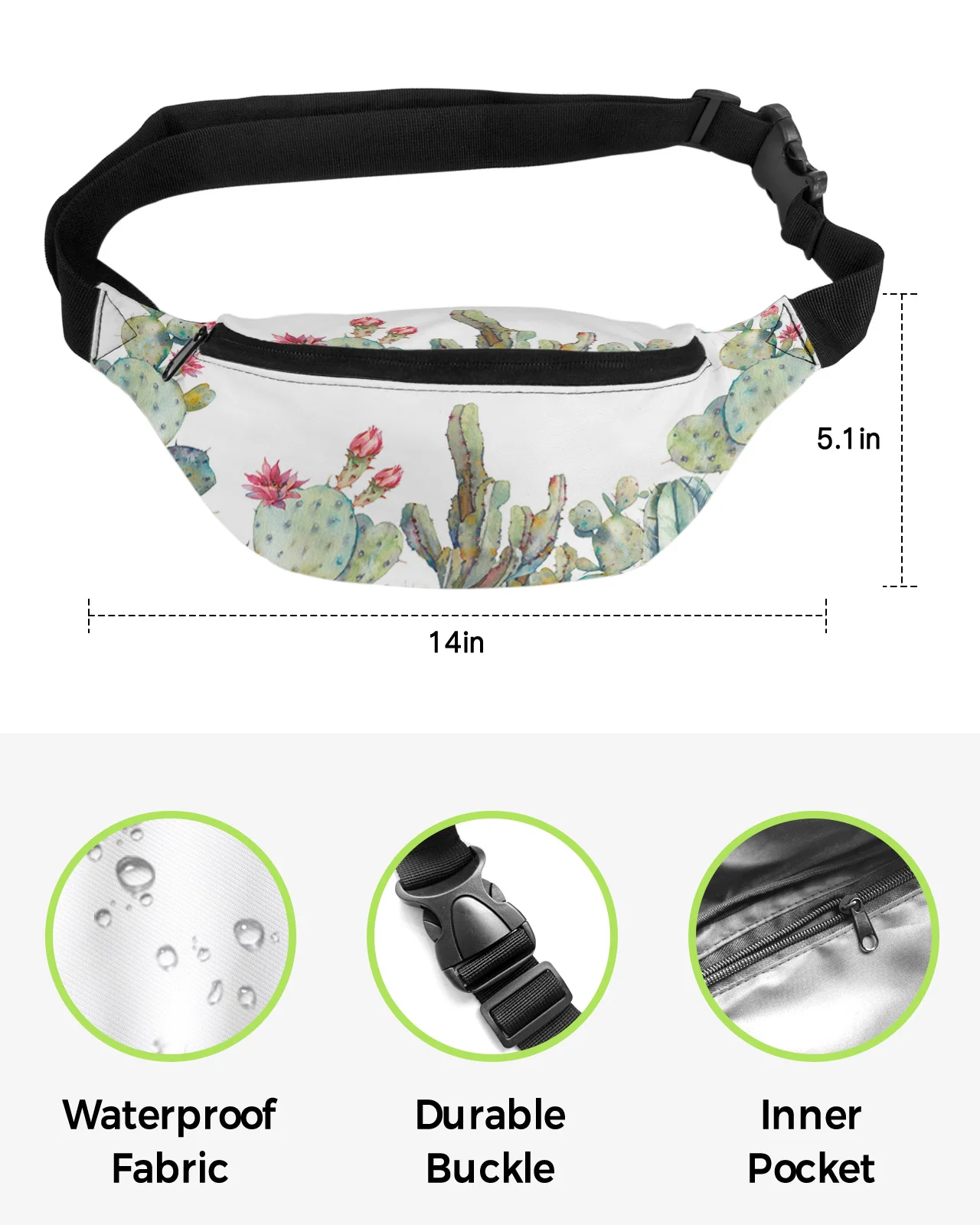 Homens e mulheres Cactus Tropical Planta Branca Fanny Pack, Bolsa de cintura, Bolsa de cinto de telefone grande, Bolsa de carteira, Banana Hip impermeável