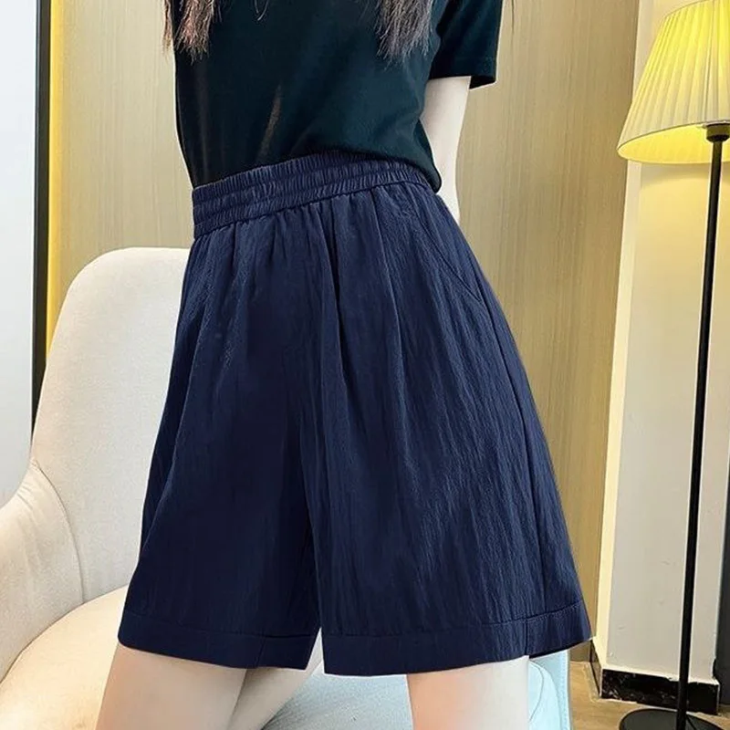 2024 Summer New Casual Pleated Solid Color Straight Women Clothing Simplicity Loose Elastic Waist Five Quarter Pants Ladies