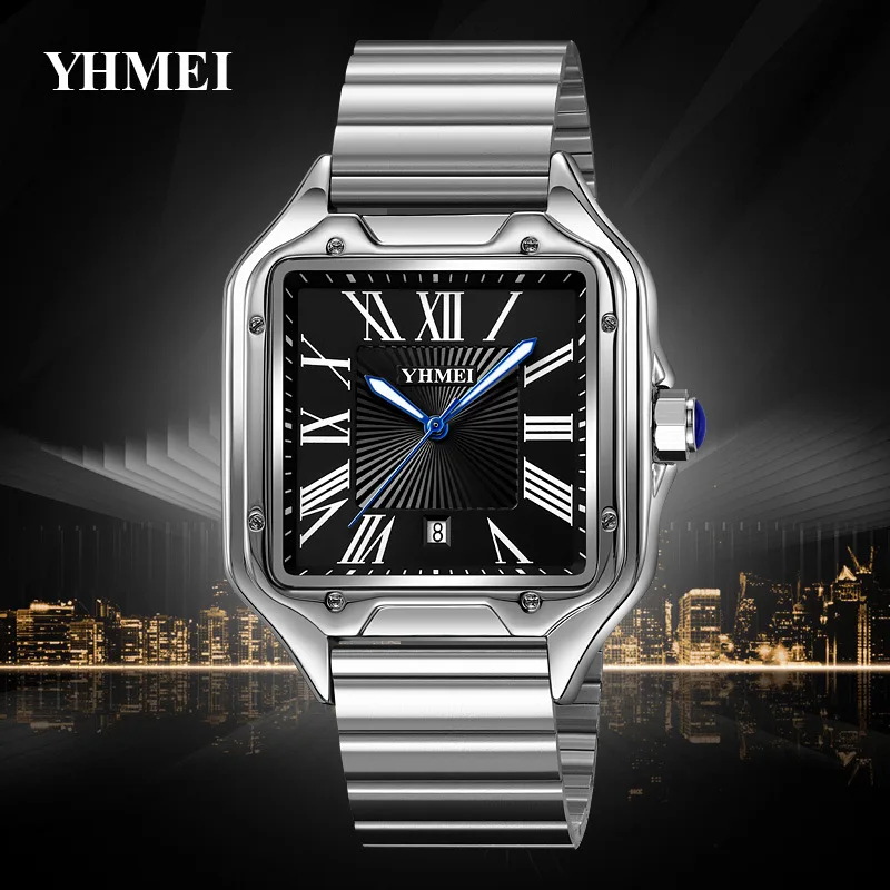 Luxury Watch for Men Square Rectangle Reloj Sliver Orologio Black Leather Band Stainless Steel Quartz Wristwatch Male Man Clock