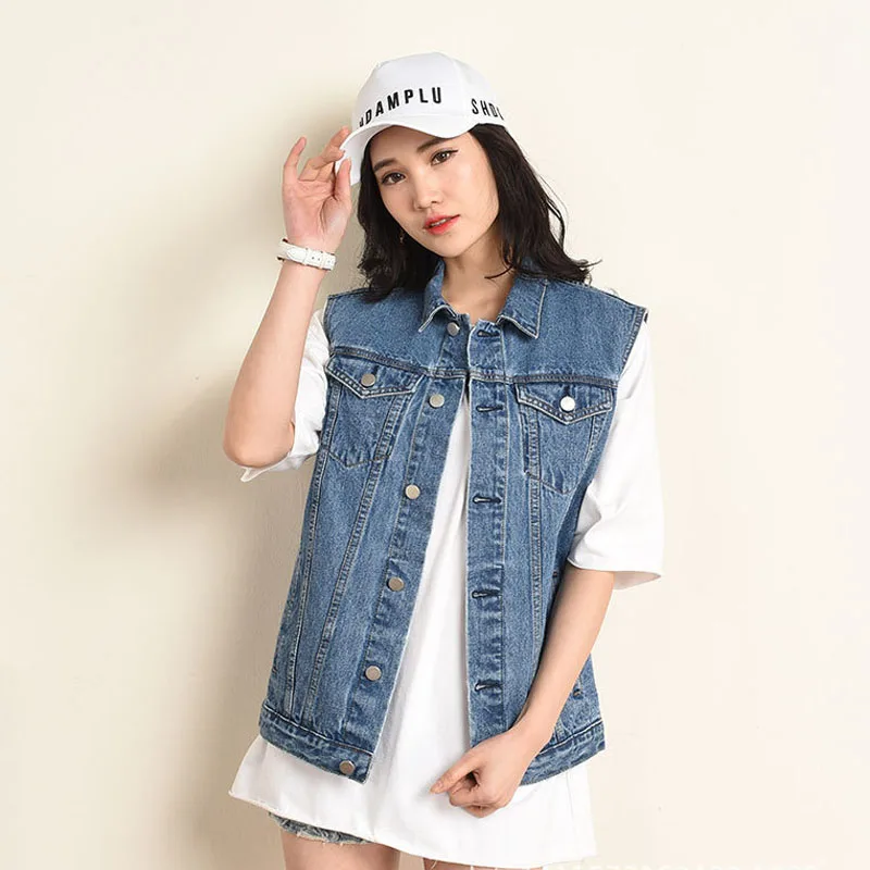 

Fashion Casual Vintage Elegant Sleeveless Spring Autumn Women's Jean Vest Single-Breasted Turn-down Collar Patchwork Waistcoat