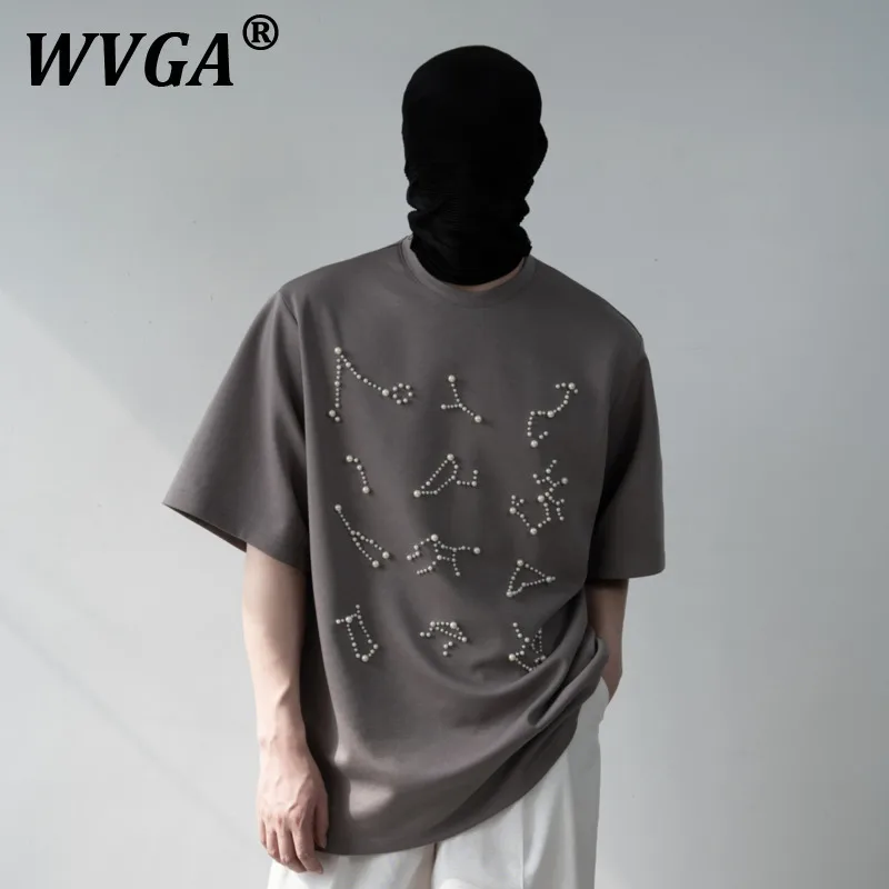 

WVGA Summer New Man Tide High Street Air Cotton Pearl Beaded Design Short Sleeve T-shirt Niche Chic Casual O-Neck Tees Ins W8587
