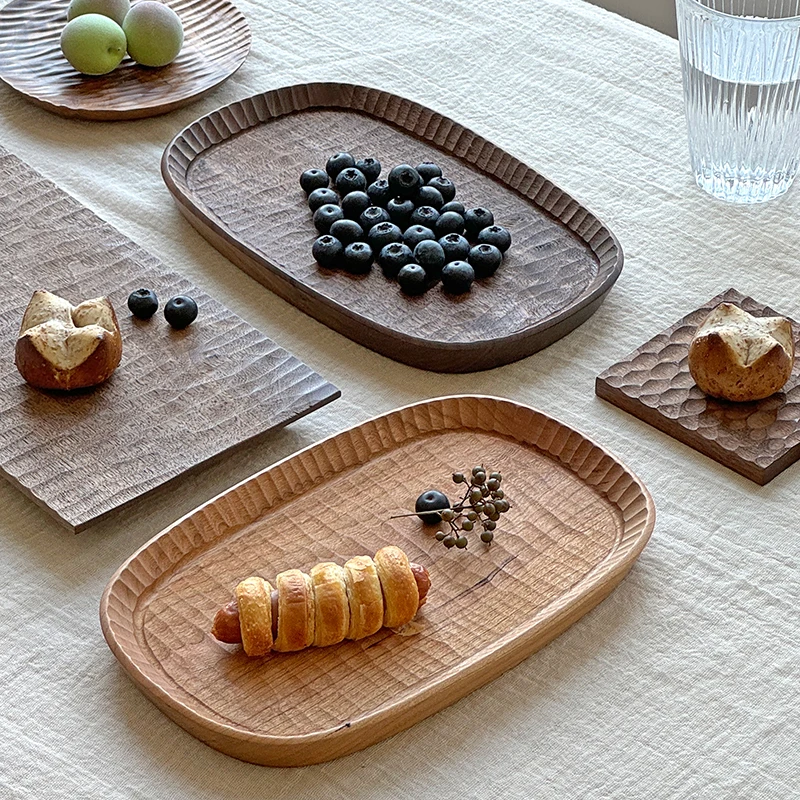 

Japanese Black Walnut Tea Tray Solid Wood Serving Platter for Snacks Cherry Wood Carved Dessert Plate Storage Trays for Home