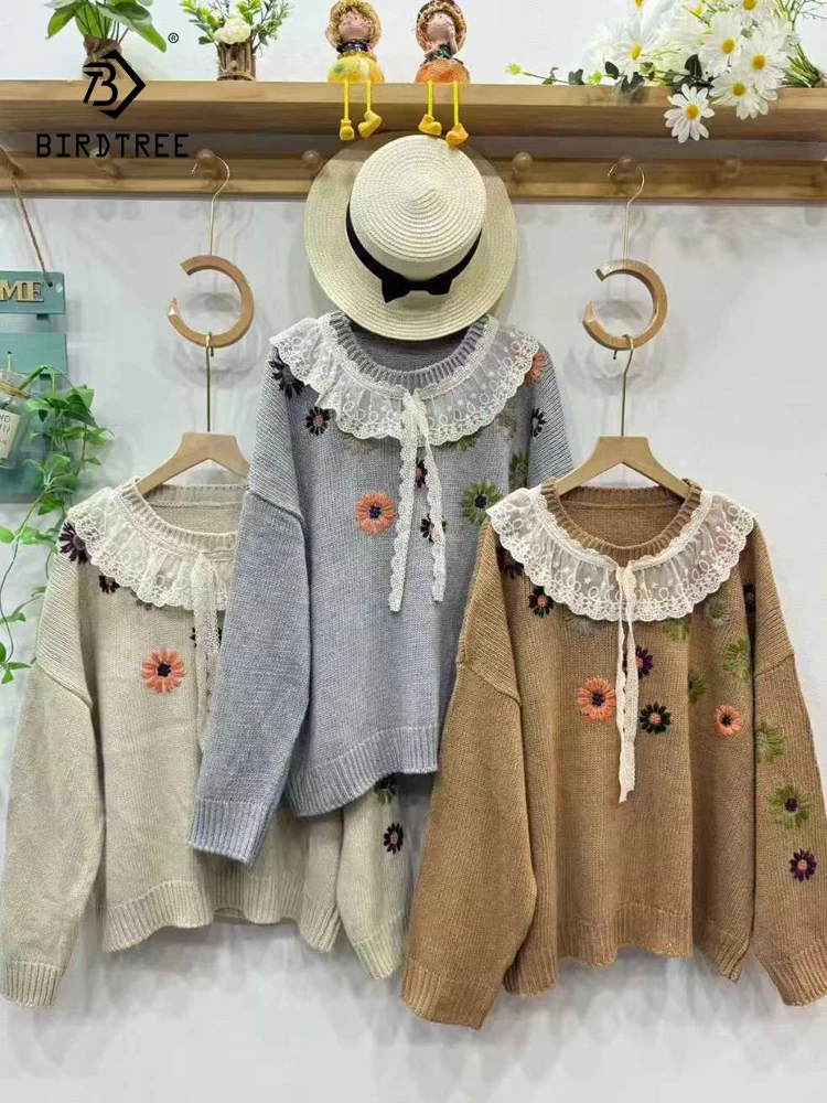

New 2025 Fall Cotton Blending Sweater, Women O Neck Lace Embroidery, Mori Girl Preppy Style Loose Knit Pullover Sweater T5N228CC