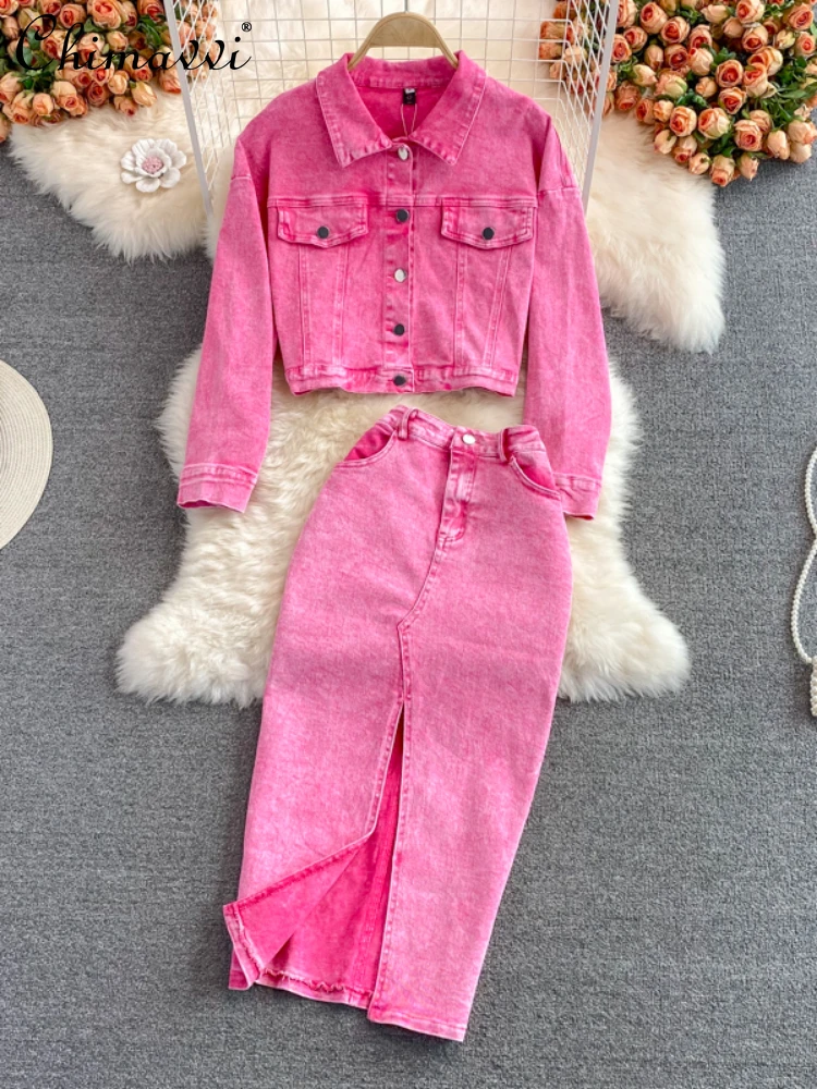 

Denim Skirts Sets Pink Loose Long Sleeve Single Breasted Jacket Mid-Length High Waist Sheath Skirt Casual Two-Piece Suit Women