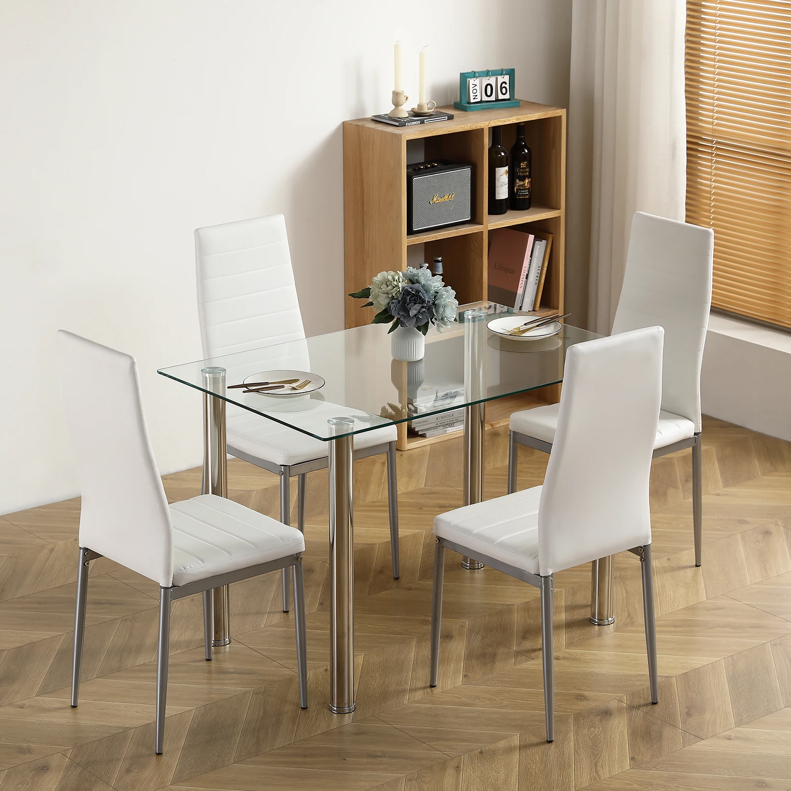 [Flash Sale]110CM Clear Color Dining Table Chair Set for 4 Peoples Include 1 Table + 4 PVC Leather Chairs[US-Stock]