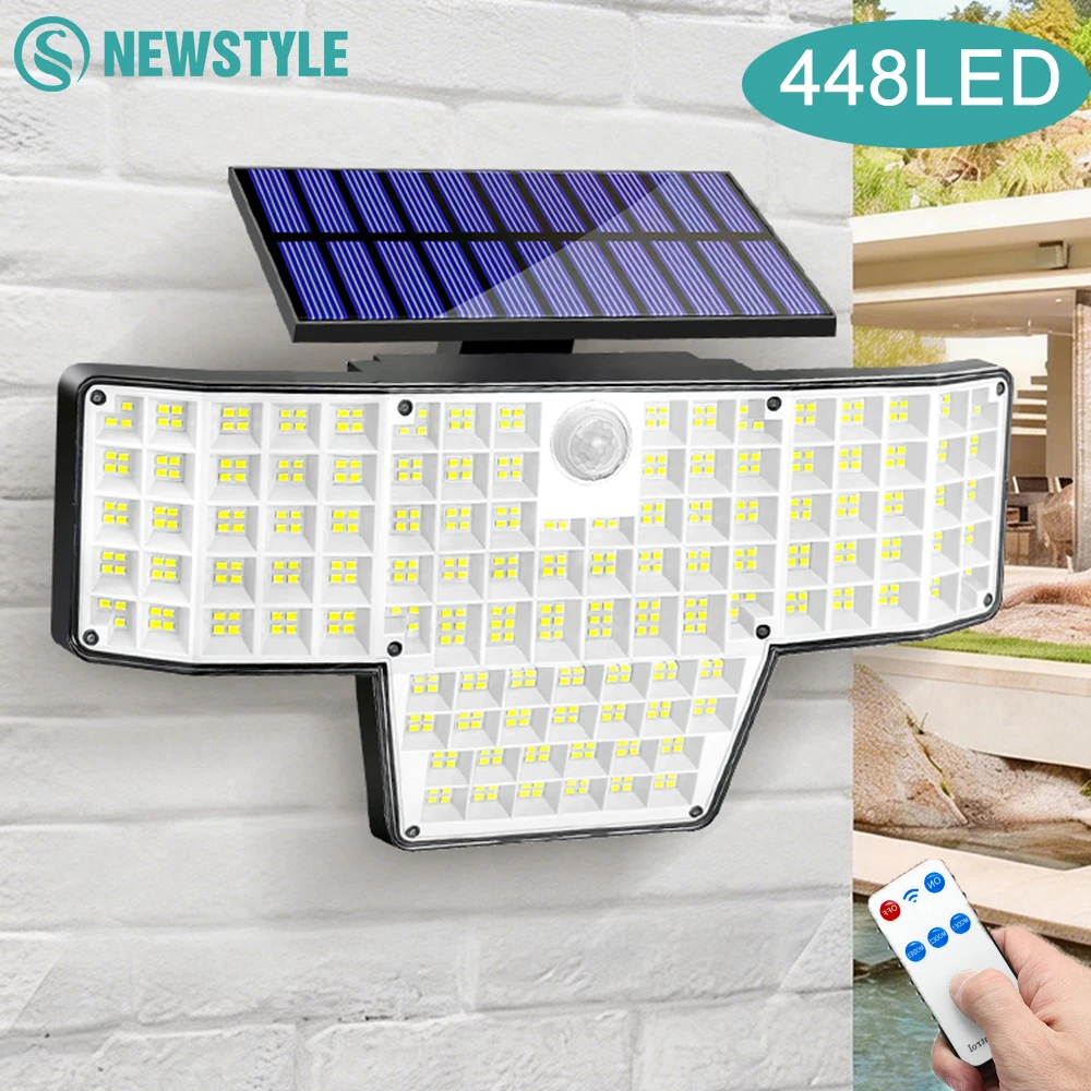 

1/2 упаковки солнечных светильников с датчиком движения для улицы, 448 светодиодов, 2000 мАч, водонепроницаемый солнечный настенный прожектор для сада и двора
