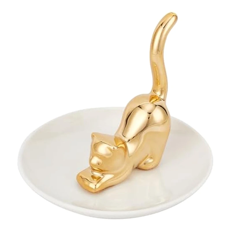 Cats Posture Ring Holder Golden Kitty Tail Dish Jewelry Tray Ring Round Dishes Trinket Tray Ceramic Jewelry Storage Home Durable