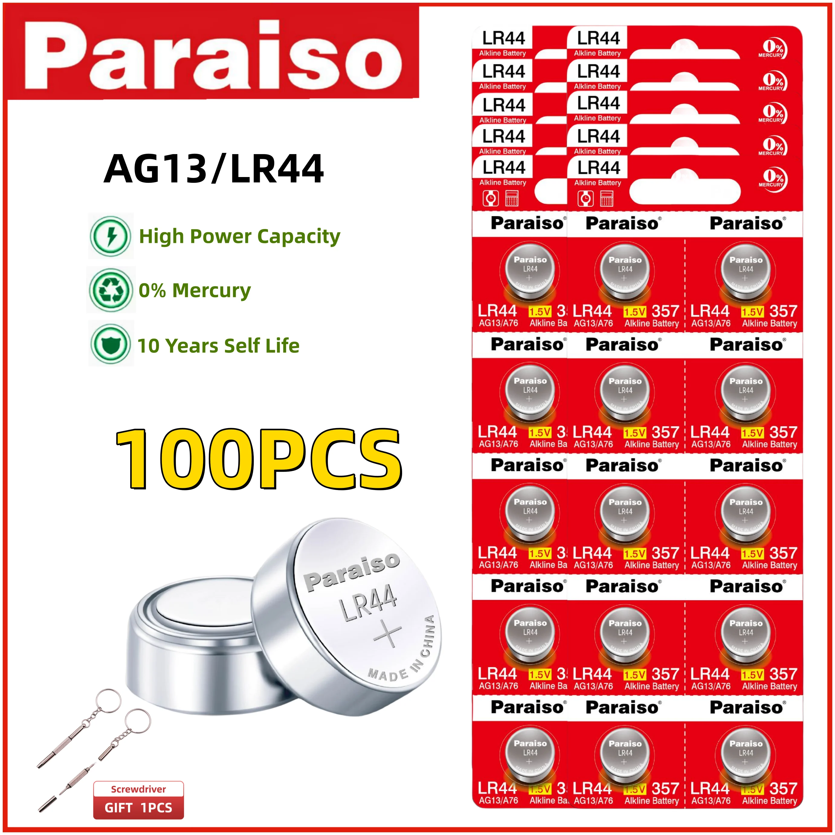 Paraiso 4-100PCS LR44 Button Coin Cell Batteries AG13 10Years Self Life Battery for Watches Blood Glucose Meter Toys Music Books