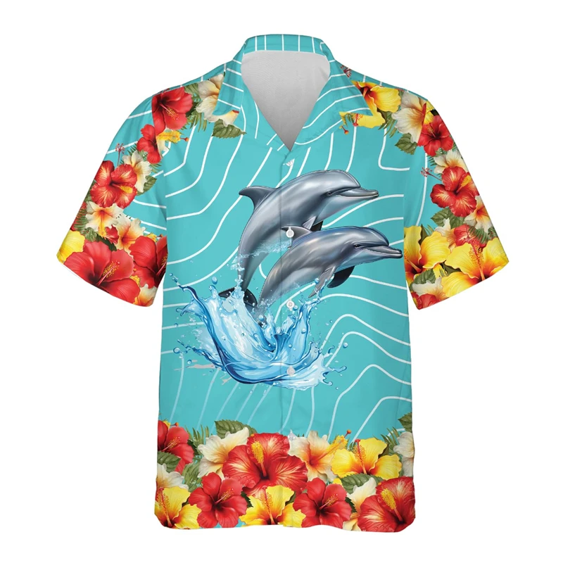 Cute Dolphin 3D Printed Shirts For Men Clothes Mammals Hawaiian Beach Shirt Aloha Flower Women Lapel Blouse Kawaii Button Tops