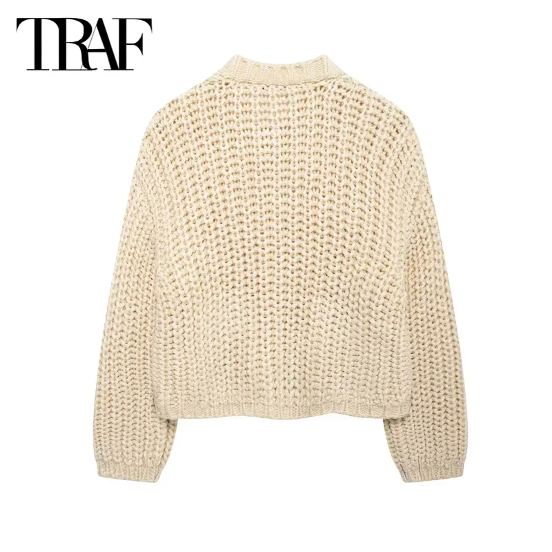 TRAF Autumn 2024 Women Beige Cropped Cardigans Coat Winter Elegant Knitted Sweater Fashion Casual Long Sleeve Short Outerwears