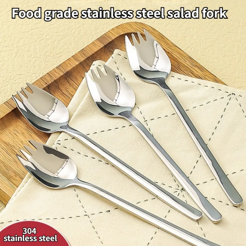 Stainless Steel Fruit Fork Spoon Long Handle Ice Cream Salad Dessert Tableware Convenient Western Multi-Function Silver Spork