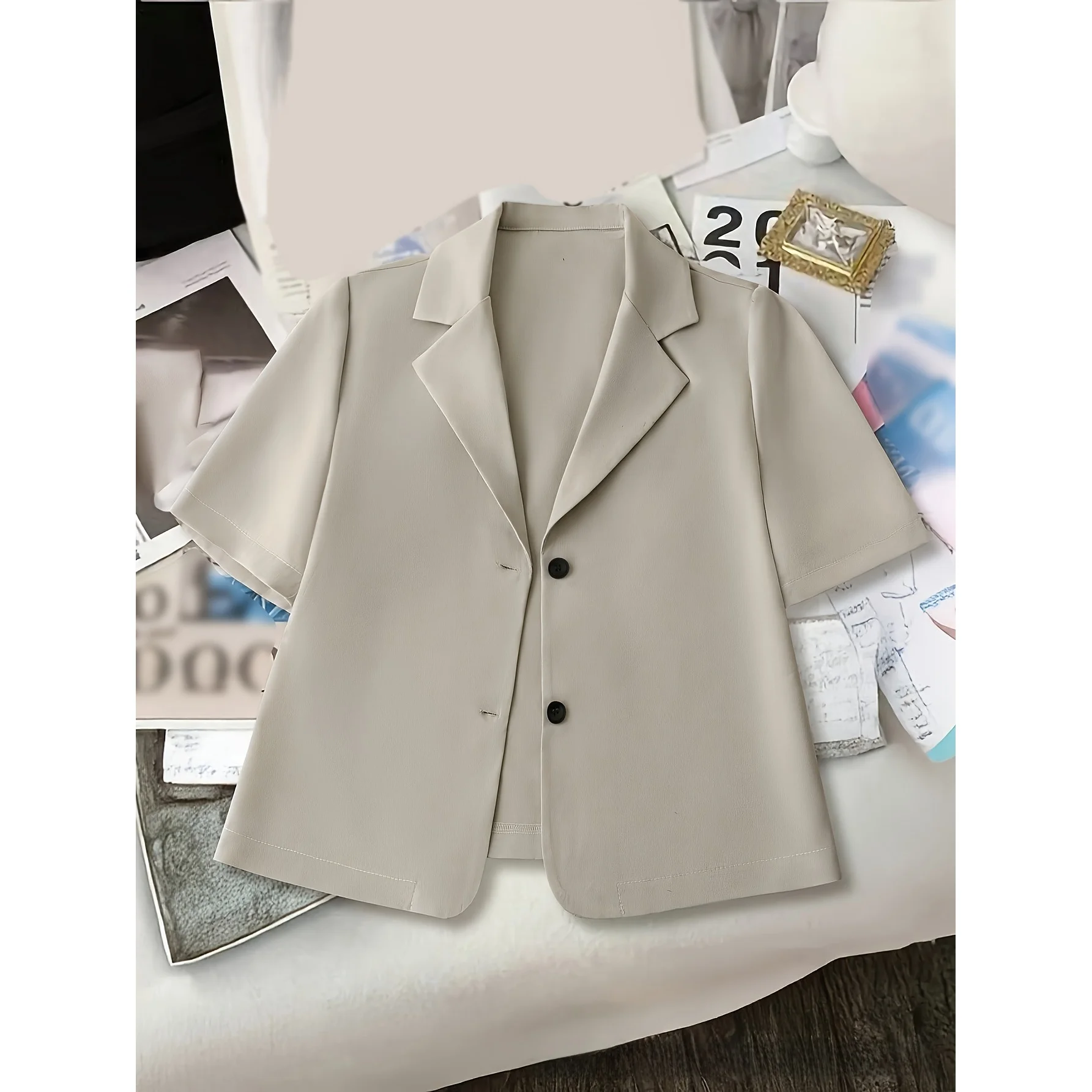 Elegant Pure Color Short Sleeve Button Front Notch Lapel Regular Fit Women's Suit Jacket Polyester Fabric Online Exclusive