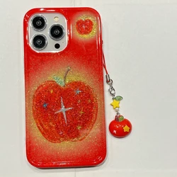 Creative Glittering Red Apple Dual Layers with Dangle Phone Case for iPhone 16 15 14 13 Pro Max Back Phone Cover Capa
