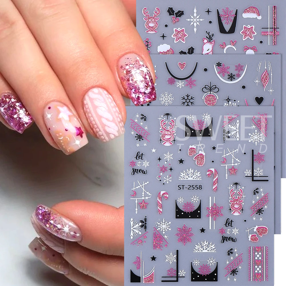 3/6개/세트 3D 크리스마스 네일 스티커 핑크 엘크 눈송이 리본 하트 네일 데칼 슬라이더 겨울 매니큐어 장식 네일 용품