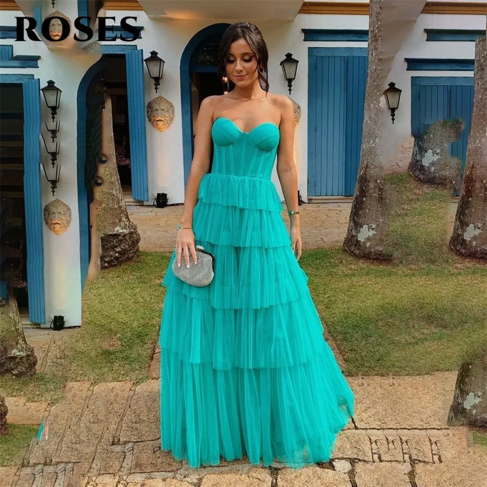 

ROSES Blue Tulle Tiered Charming Prom Dresses Gown Sweetheart Sleeveless Formal Gown Custom Size Evening Gown vestidos de noche