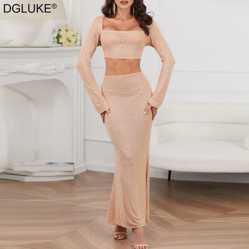 

Rhinestone Mesh Long Sleeve Crop Top And Skirt Sets Women 2 Piece Outfit Elegant Luxury Evening Party Dress Set Festival Outfit