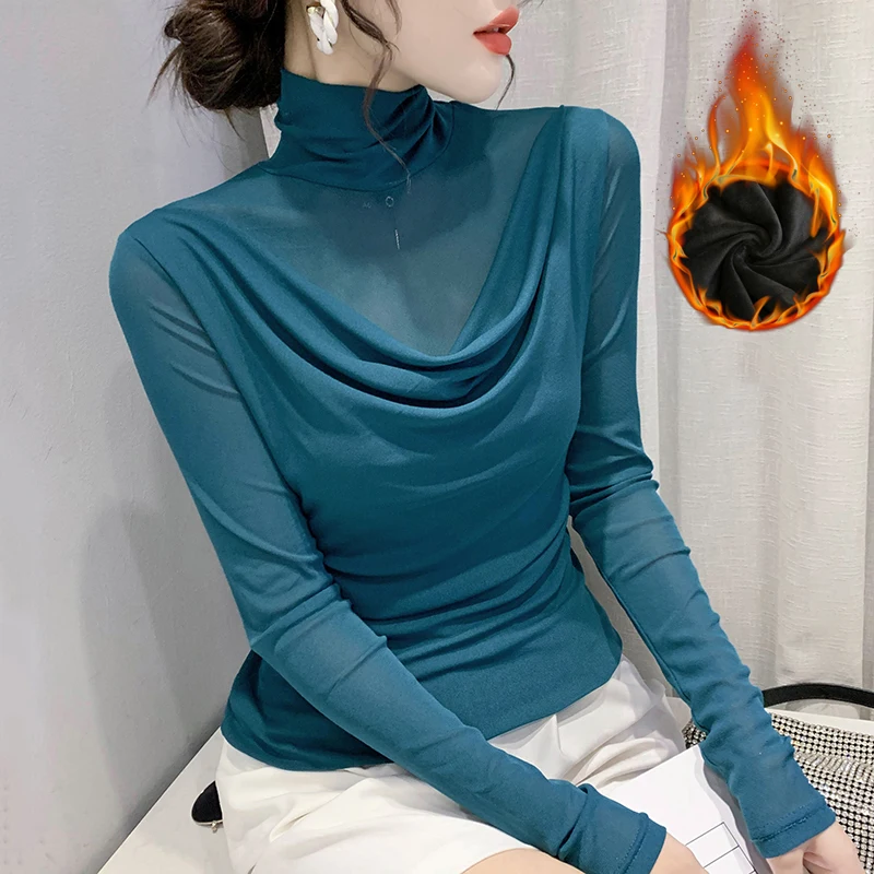 MadBlack-Women's European Fleece T-Shirt, Sexy Turtleneck Solid Mesh, Fashion Long Sleeve Slim S-3XL Tee, 2025 Autumn T5N215CC