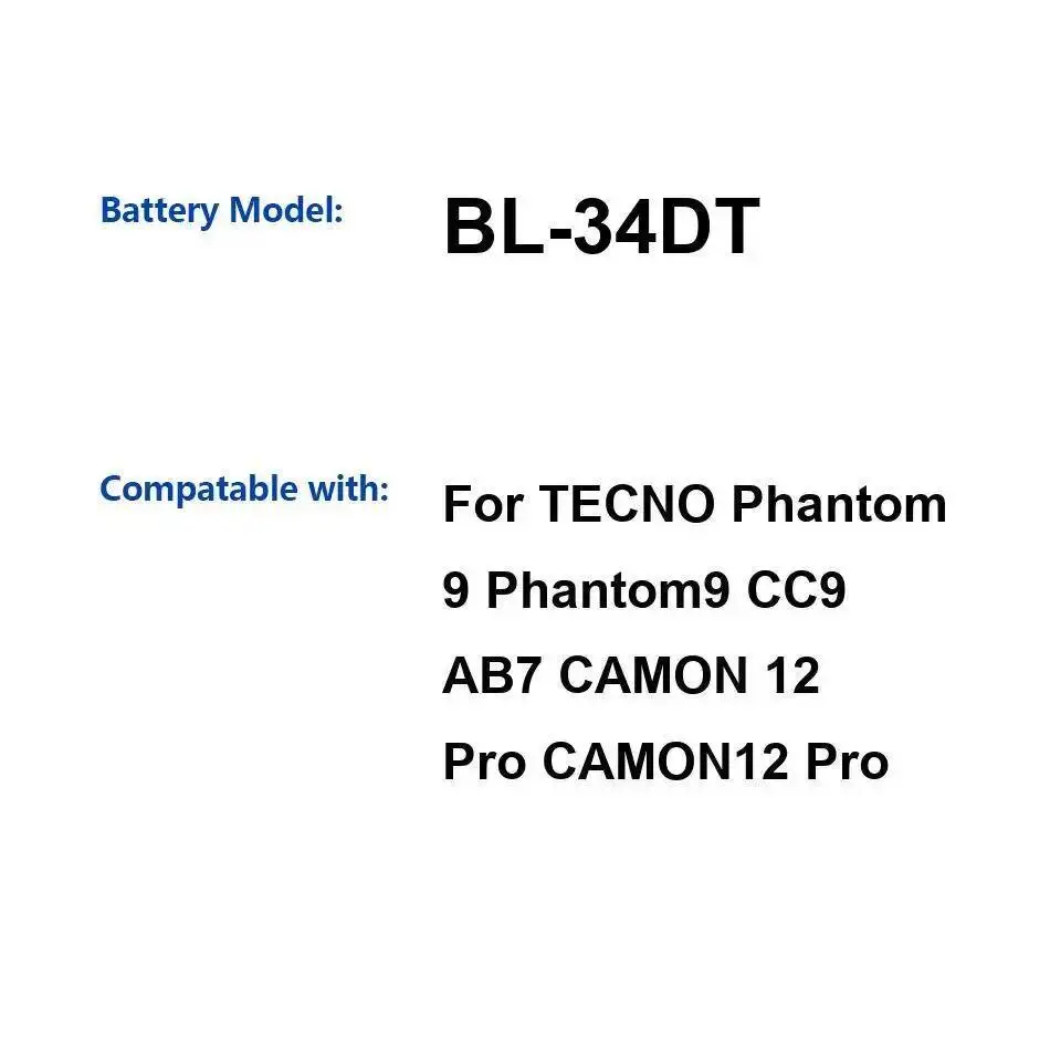 

Mobile Phone Battery BL-34DT 3400Mah For Tecno Phantom 9 Phantom9 CC9 AB7 Camon 12 Pro CAMON12