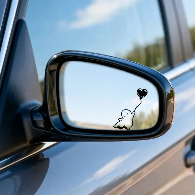 Halloween Cute Ghost With Heart‑Shaped Balloon Car Rear‑View Mirror Vinyl Sticker, Self‑Adorable Removable Interior Decal