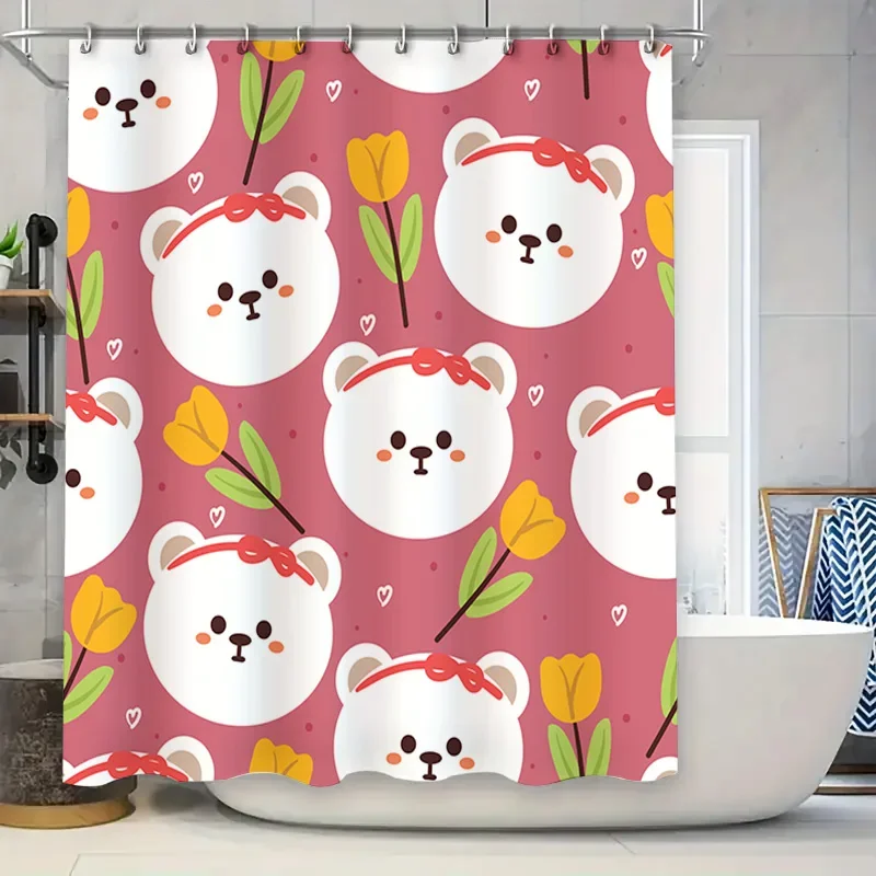 

Adorable Pink Floral Print Shower Curtain with Cartoon Bears Cute Bathroom Decor for Home Decoration!