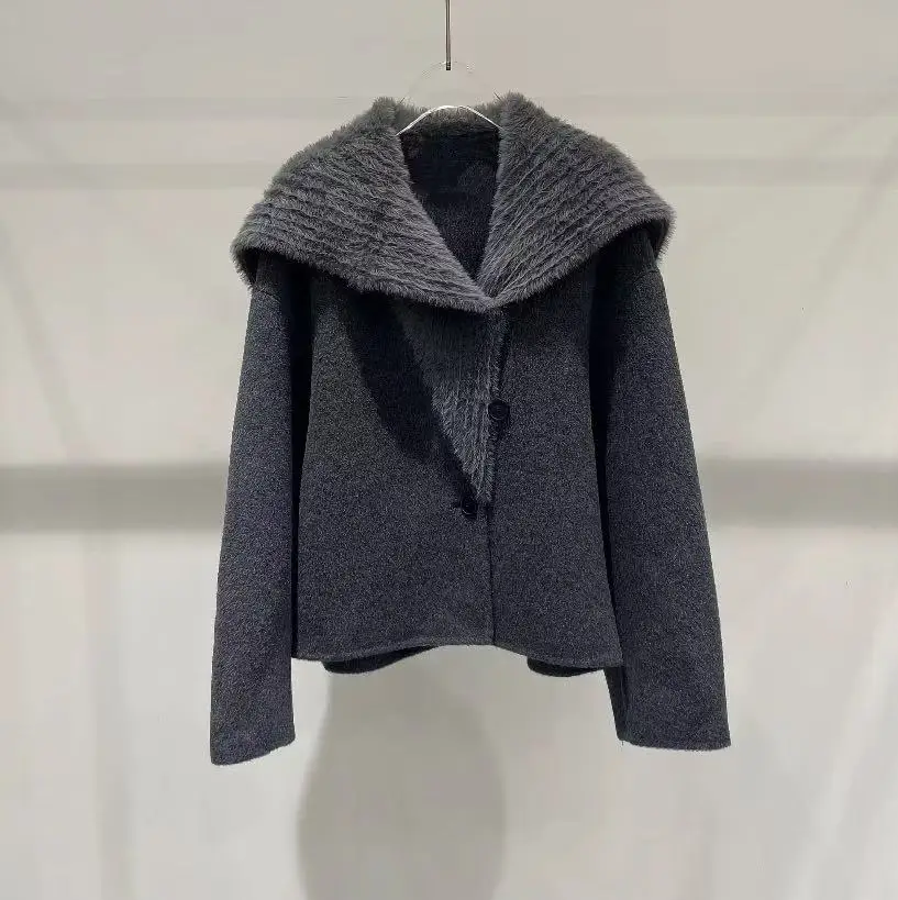 Vintage Elegant Luxury Premium Fuzzy Shawl Collar Soft Woolen Coat Women Loose Fit Thick Warm Casual Daily Winter Outerwear 2026