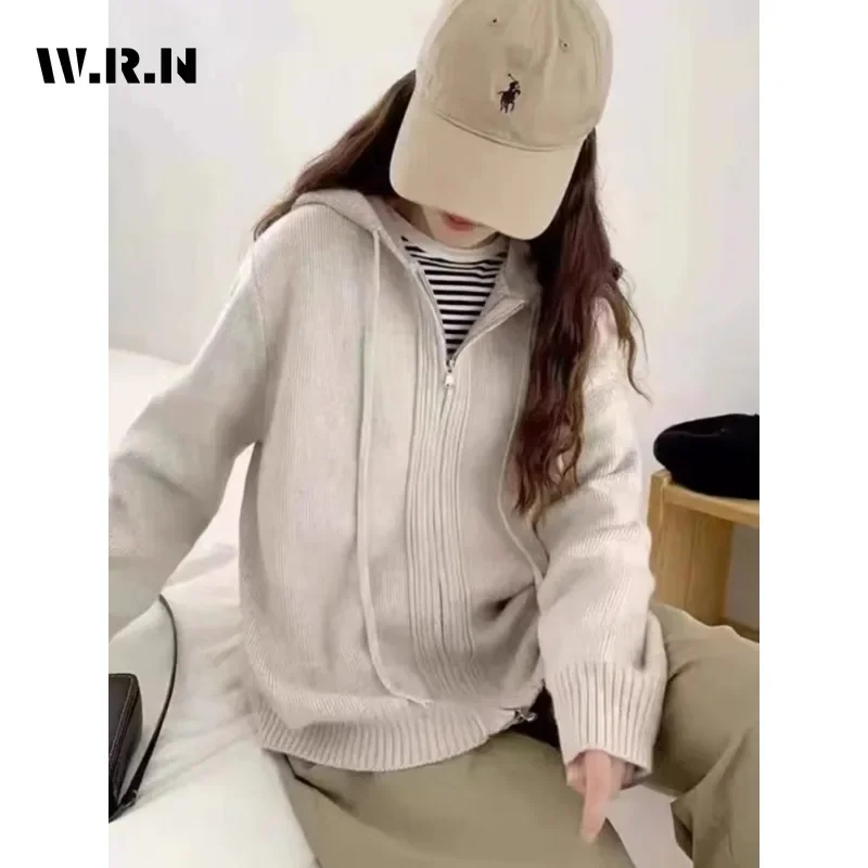 2024 Winter Casual Zipper Sweater Women Knitting Hooded Vintage Fashion Jumpers Long Sleeve Loose Grey Drawstring Warm Cardigans