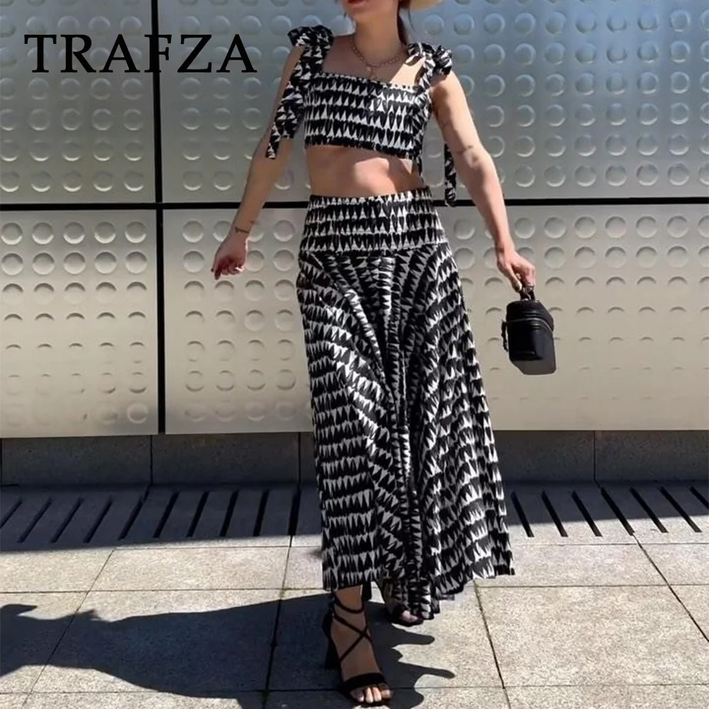 TRAFZA 2024 Spring Summer Women Print Casual Elegant Suits Fashion Strapless Sleeveless Short Tops+Chic Loose Long Skirt