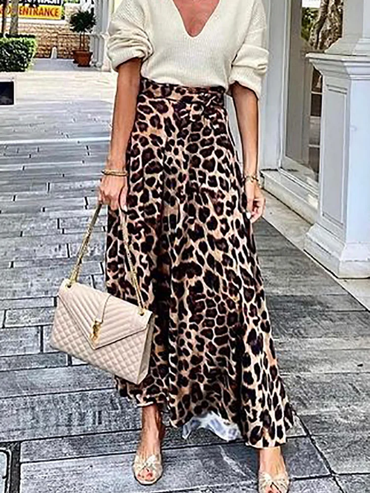 Casual Long Leopard Skirts for Women Vintage 2024 Summer A Line Slim Fitness Skirt Elegant Lady Party Night Skirts Dropshipping