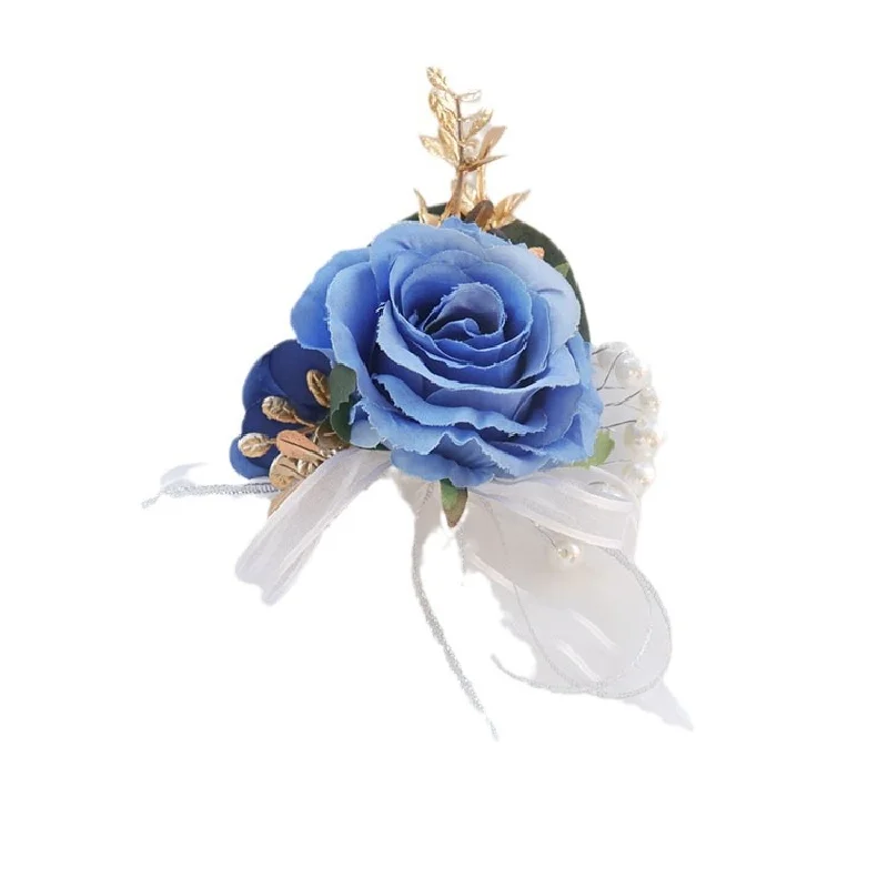 Boutonniere และข้อมือ corsag สไตล์ตะวันตกแขกที่มาร่วมงานเลี้ยงสร้อยข้อมือหน้าอกดอกไม้อุปกรณ์ตกแต่งสีฟ้า198