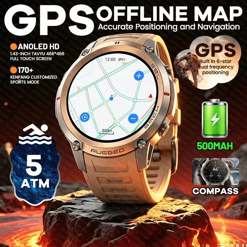 New Outdoor Offline Map Smart Watch GPS Compass 5ATM Waterproof 500mAh Battery Bluetooth Call AMOLED HD Sports Smartwatches Men