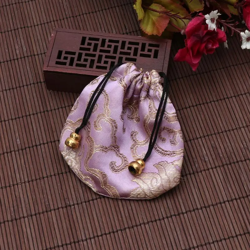 F42F Traditional Silk Travel Pouch Classic Chinese Embroidery Jewelry Bag Organizer Jewelry Pouch Drawstring Gift Bags