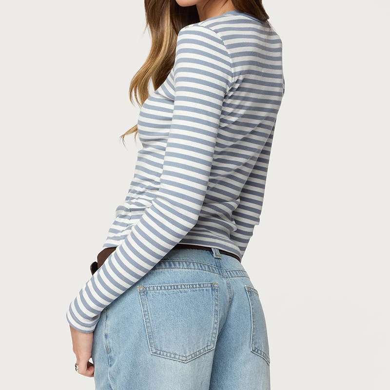 عادية كم طويل مخطط زر الجبهة تي شيرت المرأة الأساسية صالة المحاصيل القمم الخريف Preppy في سن المراهقة فتاة الكلاسيكية صالح البلوز تيز