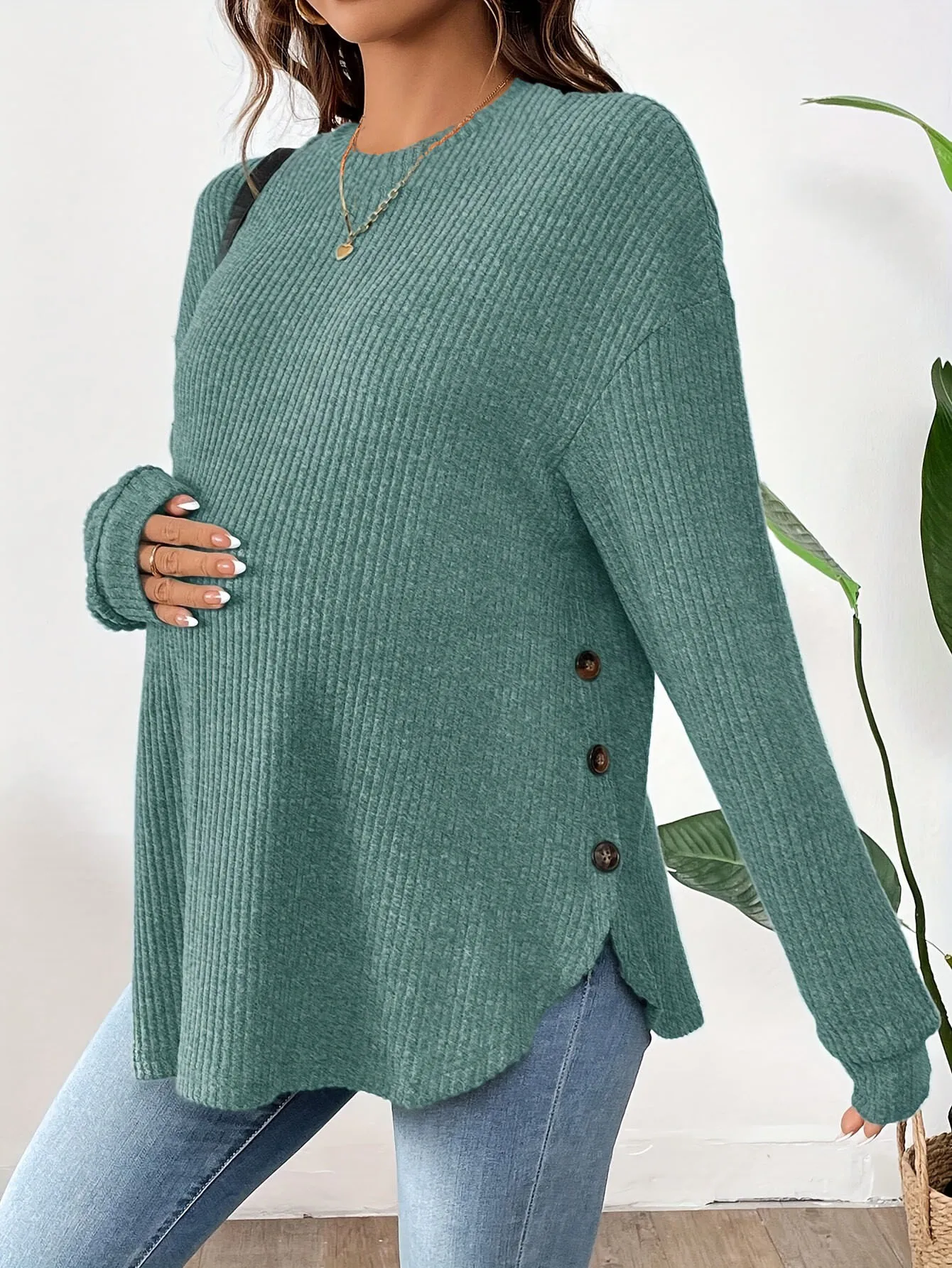 

Comfy Maternity Top Autumn Winter Casual Pregnancy Tee Long Sleeve Cozy Maternity Pullover Round Neck Button Pregnancy Shirt