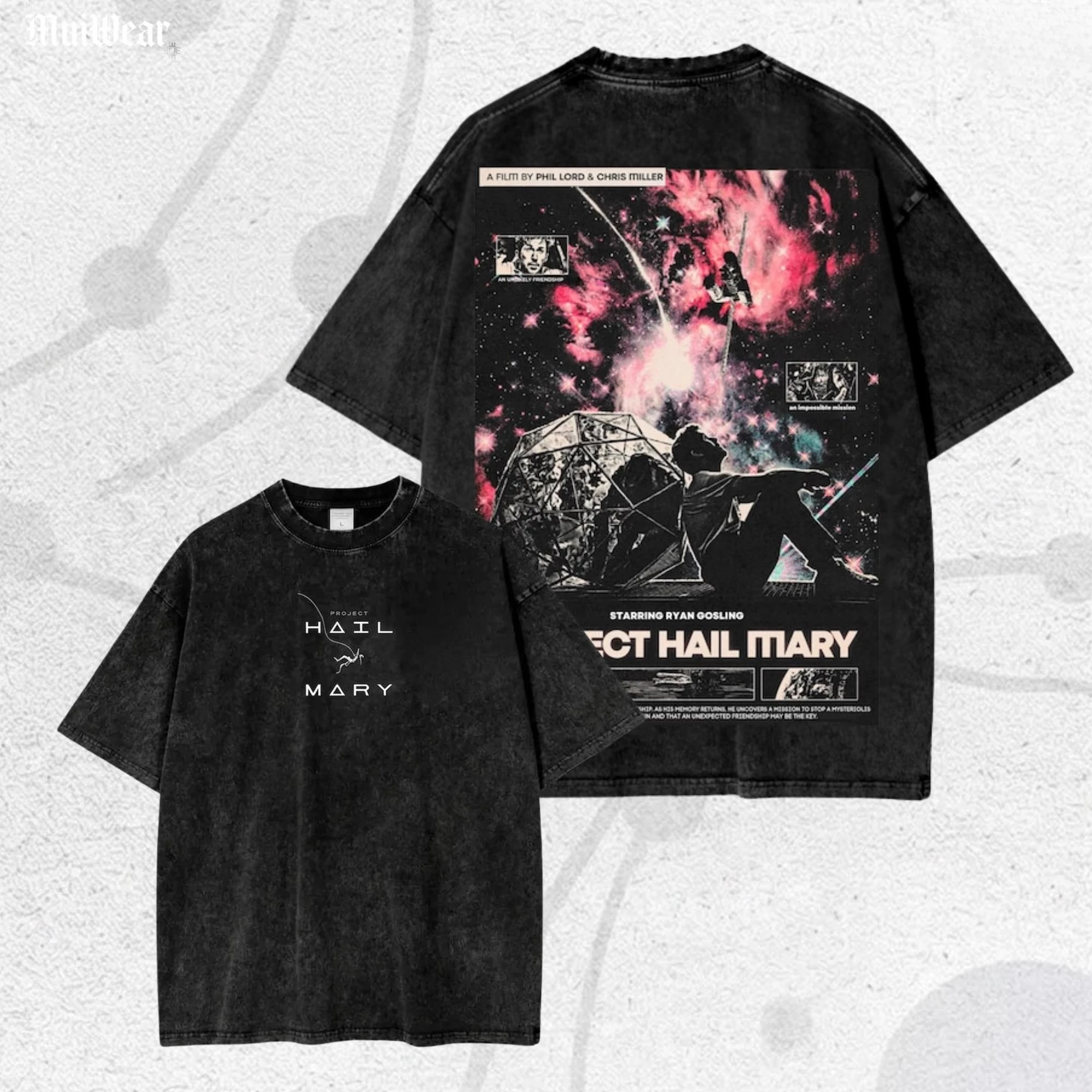 Project Hail Mary Double Sided Graphic T Shirt Men Vintage Washed Cotton Short Sleeve Sci Fi Movie Streetwear Casual Tee Tops