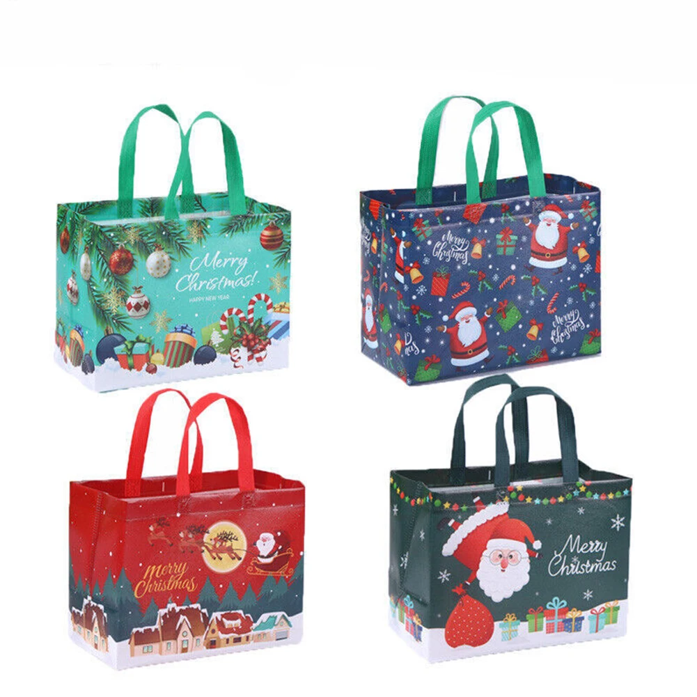 4/8/12PCS Christmas Present Bag Non Woven Bag Handbag With Handle Reusable Christmas Present Bags Christmas Happy