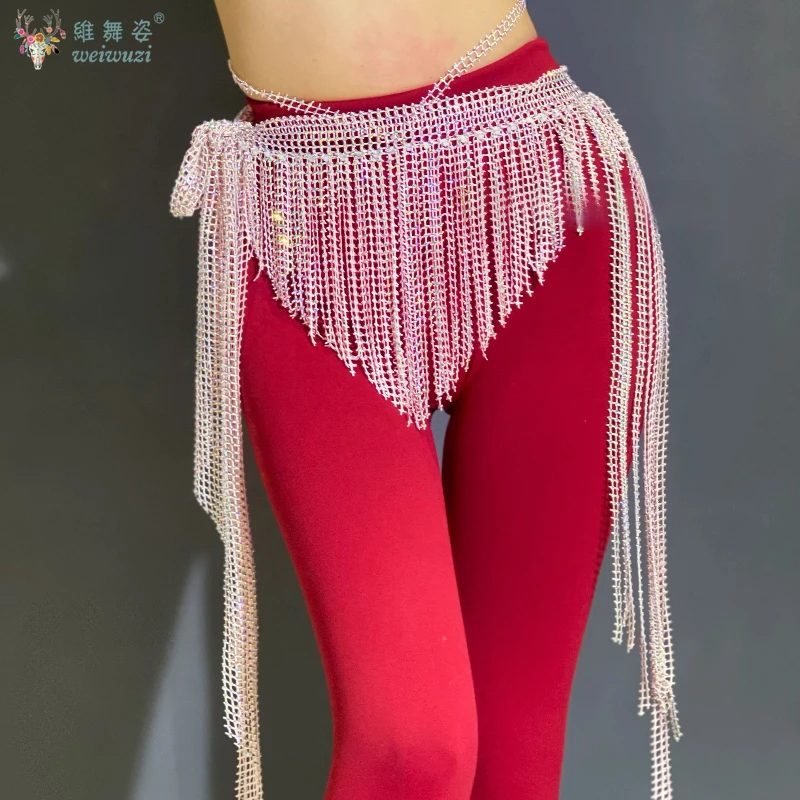 2025 nowy taniec brzucha dla kobiet frędzle łańcuszek w talii siatkowy starszy pełny diamentowy szalik na biodra orientalny konkurs tańca akcesoria