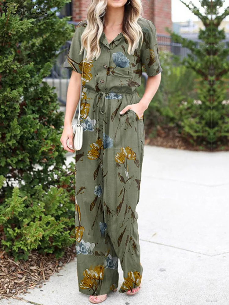 

Summer Jumpsuits Women Vintage Floral Print Wide Leg Overalls ZANZEA Casual Lapel Neck Short Sleeve Long Rompers Loose Playsuits