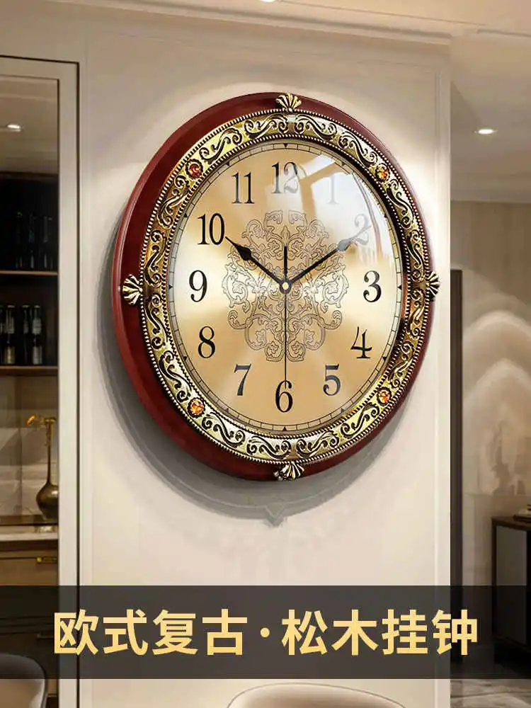 European Retro Solid Wood Wall Clock Living Room 2025 New American Silent Clock Wall Hanging Light Luxury High Sense